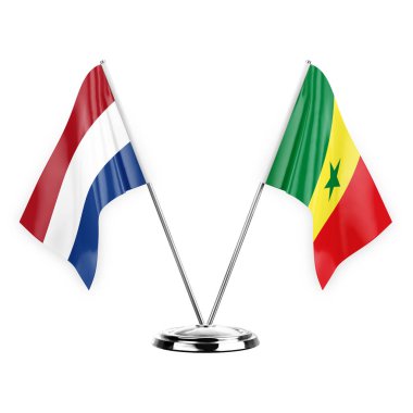 Two table flags isolated on white background 3d illustration, netherlands and senegal