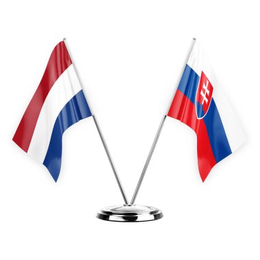 Two table flags isolated on white background 3d illustration, netherlands and slovakia