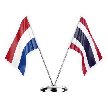 Two table flags isolated on white background 3d illustration, netherlands and thailand