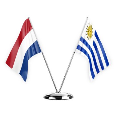 Two table flags isolated on white background 3d illustration, netherlands and uruguay