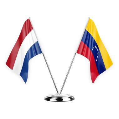 Two table flags isolated on white background 3d illustration, netherlands and venezuela