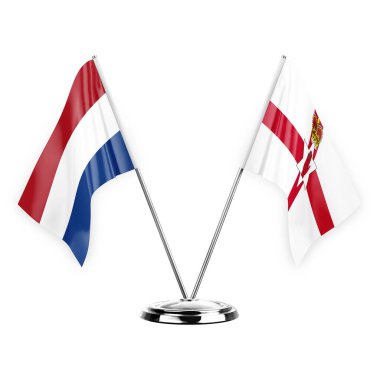 Two table flags isolated on white background 3d illustration, netherlands and ireland