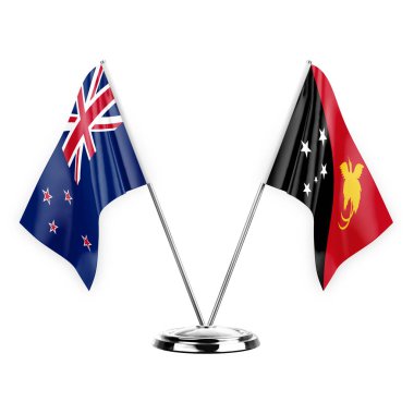 Two table flags isolated on white background 3d illustration, new zealand and papua new guinea