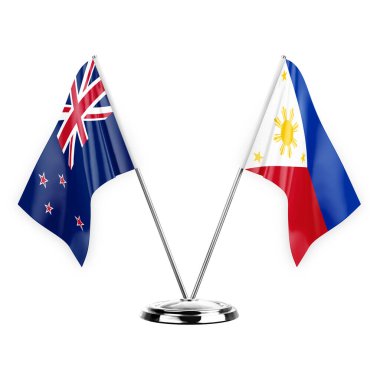 Two table flags isolated on white background 3d illustration, new zealand and philippines