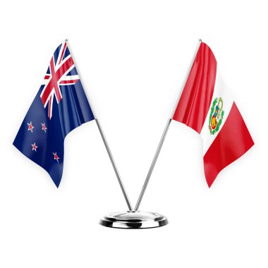 Two table flags isolated on white background 3d illustration, new zealand and peru