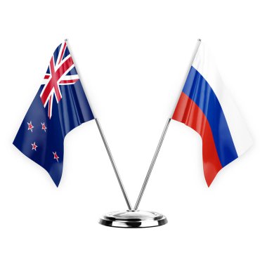 Two table flags isolated on white background 3d illustration, new zealand and russia