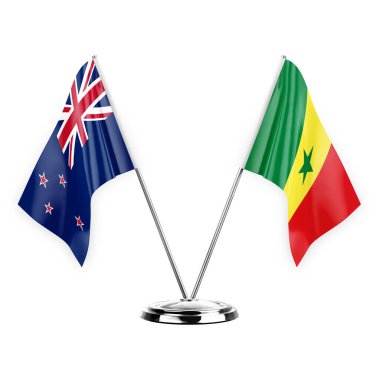 Two table flags isolated on white background 3d illustration, new zealand and senegal