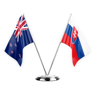 Two table flags isolated on white background 3d illustration, new zealand and slovakia