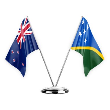 Two table flags isolated on white background 3d illustration, new zealand and solomon islands