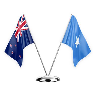 Two table flags isolated on white background 3d illustration, new zealand and somalia