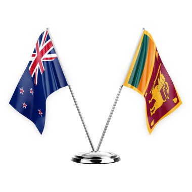 Two table flags isolated on white background 3d illustration, new zealand and sri lanka