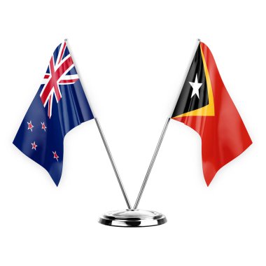 Two table flags isolated on white background 3d illustration, new zealand and timor leste