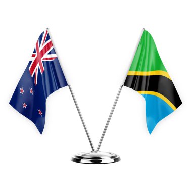 Two table flags isolated on white background 3d illustration, new zealand and tanzania