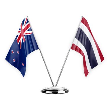 Two table flags isolated on white background 3d illustration, new zealand and thailand