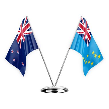 Two table flags isolated on white background 3d illustration, new zealand and tuvalu