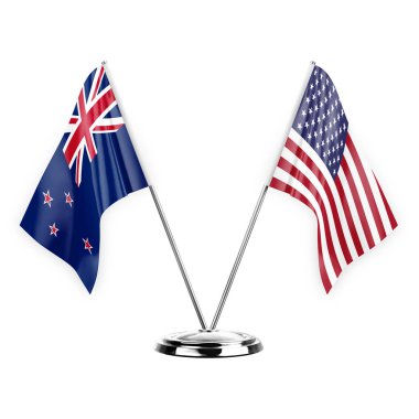 Two table flags isolated on white background 3d illustration, new zealand and usa