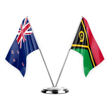 Two table flags isolated on white background 3d illustration, new zealand and vanuatu