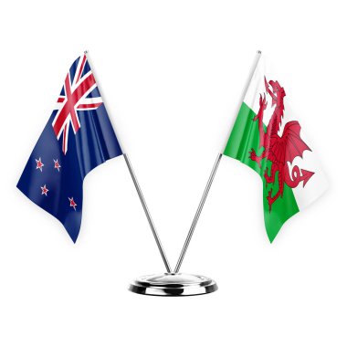 Two table flags isolated on white background 3d illustration, new zealand and wales