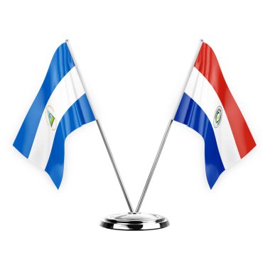 Two table flags isolated on white background 3d illustration, nicaragua and paraguay