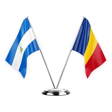 Two table flags isolated on white background 3d illustration, nicaragua and romania
