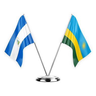 Two table flags isolated on white background 3d illustration, nicaragua and rwanda
