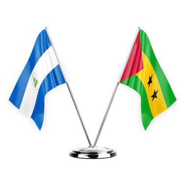 Two table flags isolated on white background 3d illustration, nicaragua and sao tome and principe