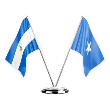 Two table flags isolated on white background 3d illustration, nicaragua and somalia