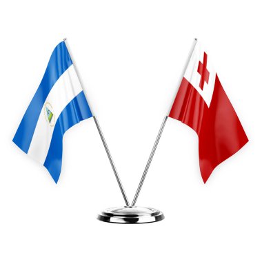 Two table flags isolated on white background 3d illustration, nicaragua and tonga