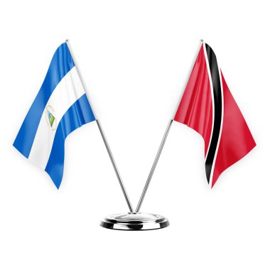 Two table flags isolated on white background 3d illustration, nicaragua and tobago