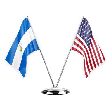 Two table flags isolated on white background 3d illustration, nicaragua and usa