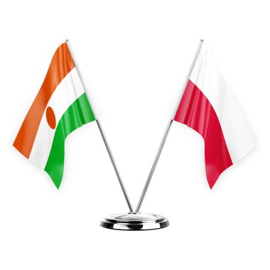 Two table flags isolated on white background 3d illustration, niger and poland