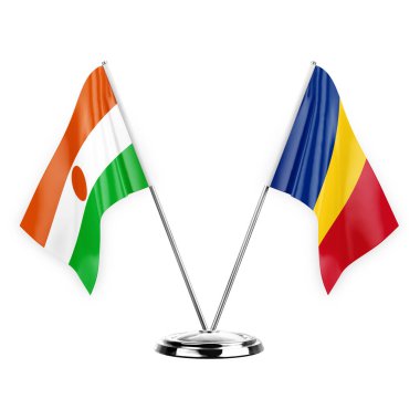 Two table flags isolated on white background 3d illustration, niger and romania