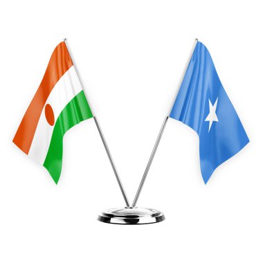 Two table flags isolated on white background 3d illustration, niger and somalia