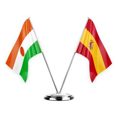 Two table flags isolated on white background 3d illustration, niger and spain