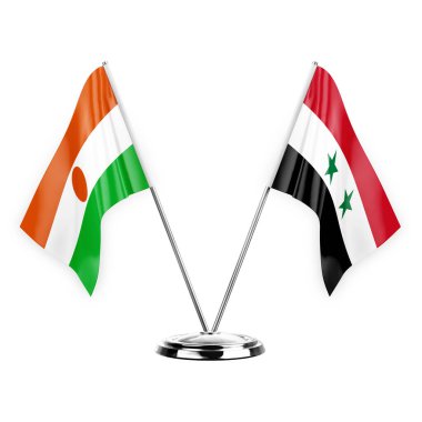 Two table flags isolated on white background 3d illustration, niger and syria