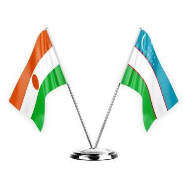 Two table flags isolated on white background 3d illustration, niger and uzbekistan