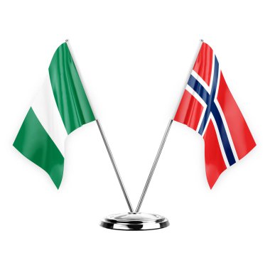 Two table flags isolated on white background 3d illustration, nigeria and norway