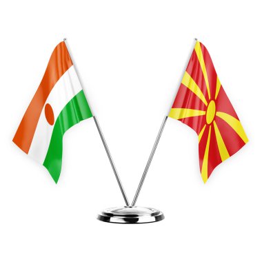 Two table flags isolated on white background 3d illustration, niger and north macedonia