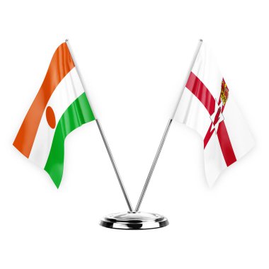 Two table flags isolated on white background 3d illustration, niger and ireland