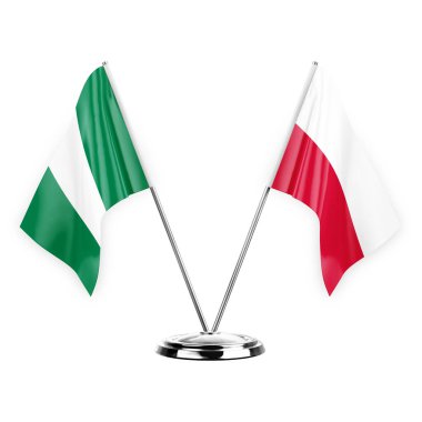 Two table flags isolated on white background 3d illustration, nigeria and poland