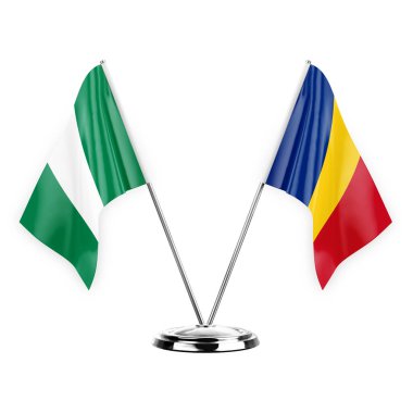 Two table flags isolated on white background 3d illustration, nigeria and romania
