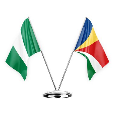 Two table flags isolated on white background 3d illustration, nigeria and seychelles