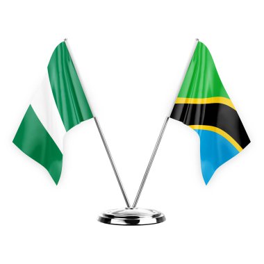 Two table flags isolated on white background 3d illustration, nigeria and tanzania