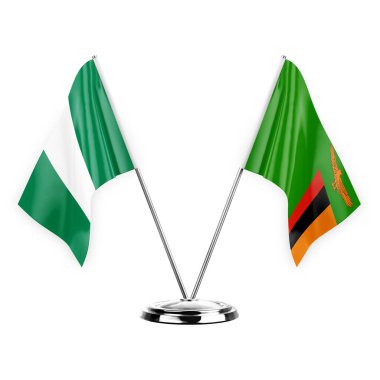 Two table flags isolated on white background 3d illustration, nigeria and zambia