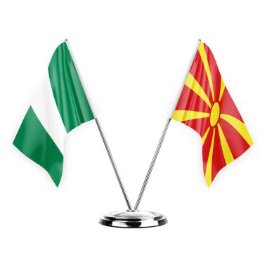 Two table flags isolated on white background 3d illustration, nigeria and north macedonia