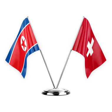 Two table flags isolated on white background 3d illustration, north korea and switzerland