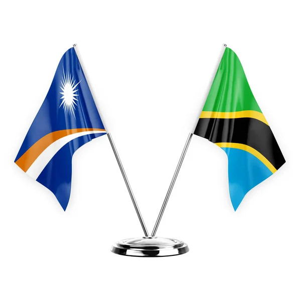 Two Table Flags Isolated White Background Illustration Marshall Islands Tanzania — стоковое фото