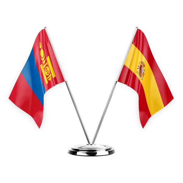 Two Table Flags Isolated White Background Illustration Mongolia Spain — Fotografia de Stock