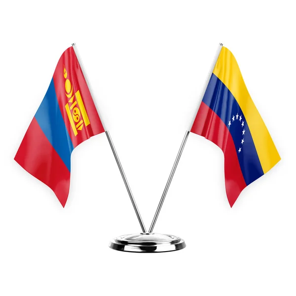 Dos Banderas Mesa Aisladas Sobre Fondo Blanco Ilustración Mongolia Venezuela — Foto de Stock