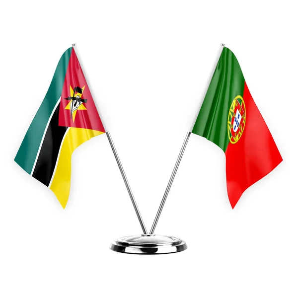 Two Table Flags Isolated White Background Illustration Mozambique Portugal — Stok fotoğraf